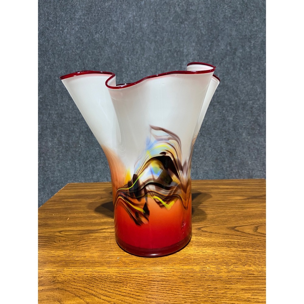 VTG Murano Style Hand Blown Cased Glass Handkerchief Vase Red White Multi Swirl
